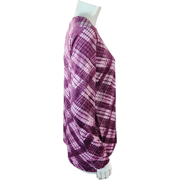 Denim & Co. Printed Velour Pullover Hi-Low Hem Deep Wine Plaid Petite Small NWOT - Picture 10 of 14